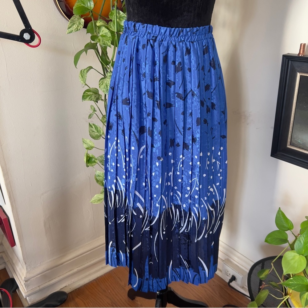 Vtg 70s 80s Andrea Gayle Blue Pleated Midi Skirt - Size Small Medium